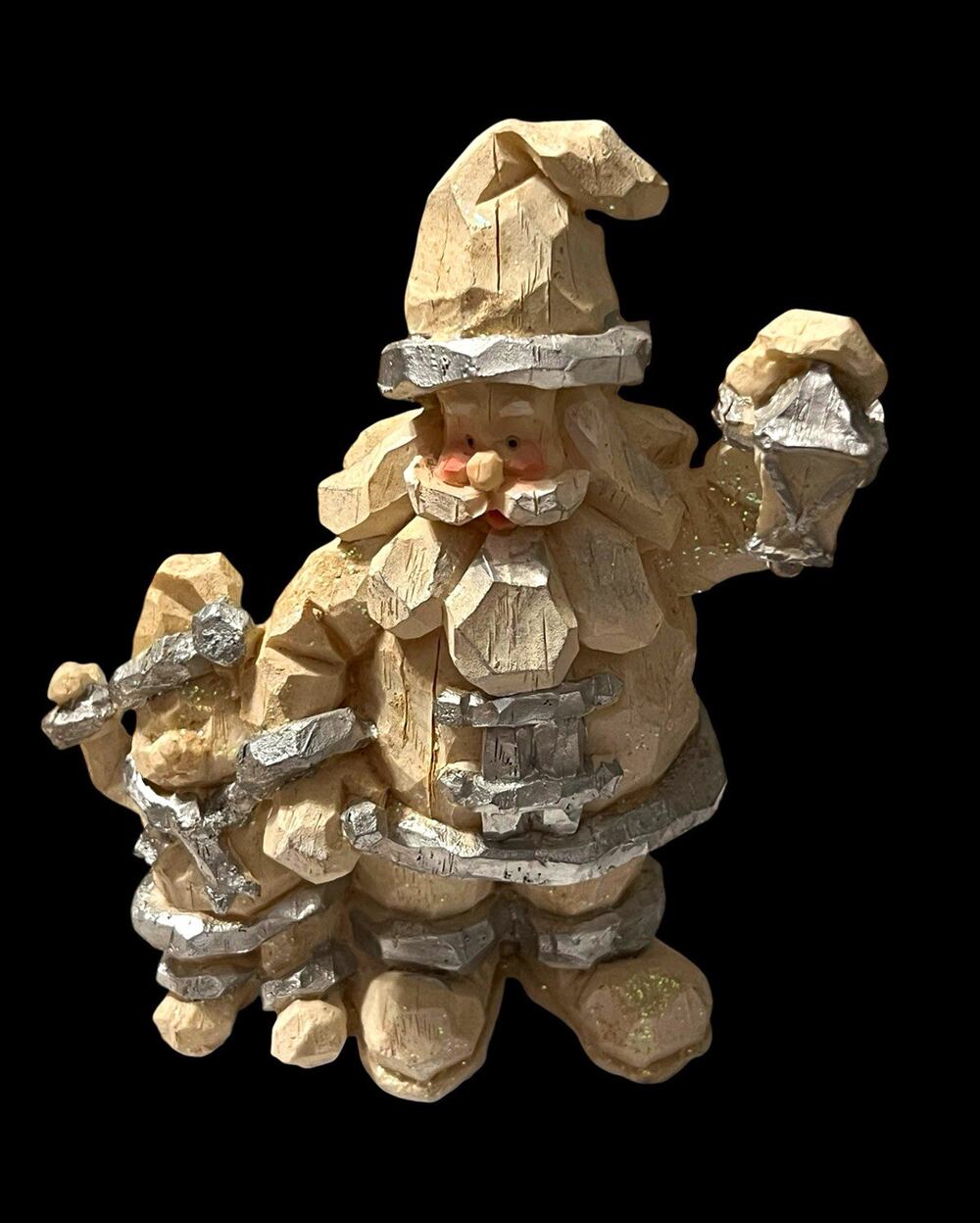 Hand Painted Santa Claus Christmas Figurine Beige Silver Resin 5" Tall Small